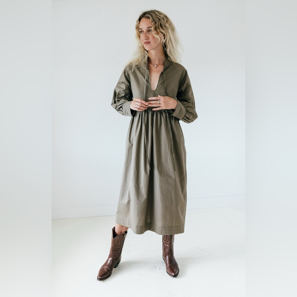 Olive 100% Cotton Midi Dress - A Bronze Age M